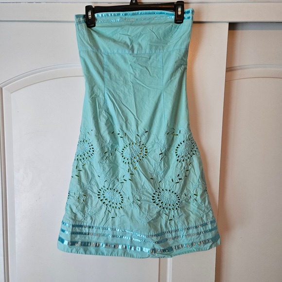 Express Dress Blue Lime Green Strapless Removeable Straps Size 4 Y2K Ribbon - Picture 1 of 7